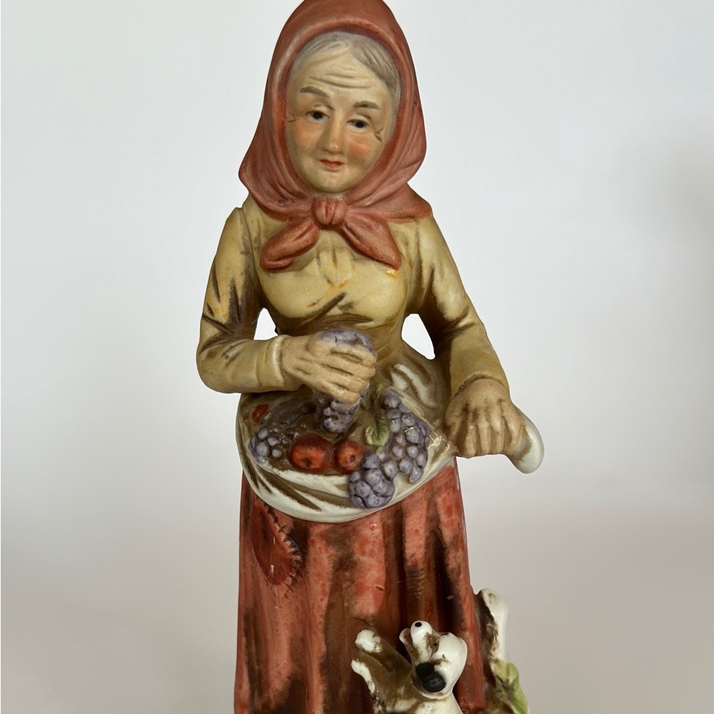 Vintage Homco Farming Figurine Woman With Fruit Basket and Dog 8”